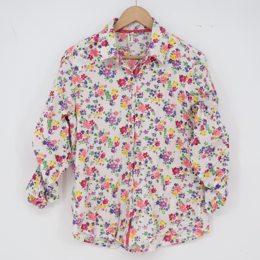 Cotton Daisy Button-Down Womens M White Floral Ruched Sleeve Cotton Excellent